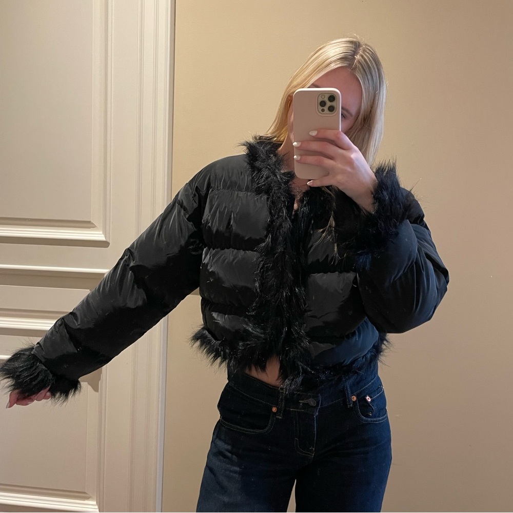Black Furry Cropped Puffer Jacket